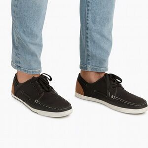 SONOMA Royce Mens Black Leather Tan Trim Sockless Style Summer Boat Shoes 12 M